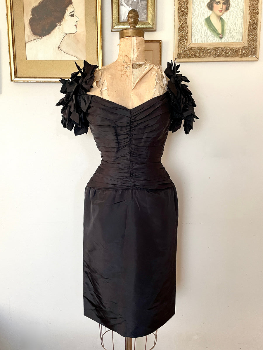 80's Black Off Shoulder Party Dress - Size Small