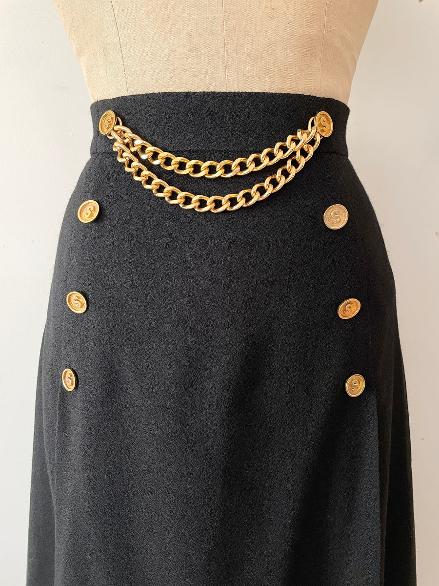 Black Wool Skirt with Gold Chain Detail - 32