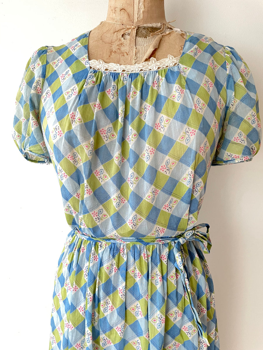 1930's Checked Cotton Day Dress - Size S/M