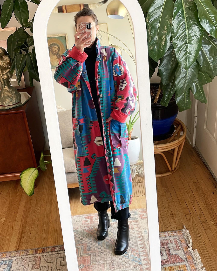 80's Abstract Long Winter Coat - Size XL (Oversized Fit)
