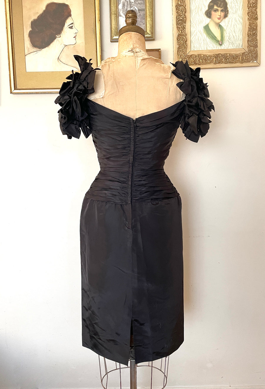 80's Black Off Shoulder Party Dress - Size Small
