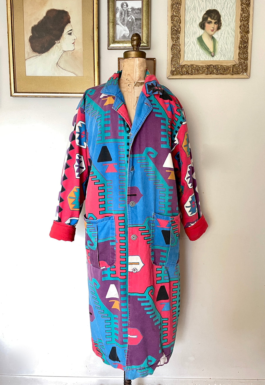 80's Abstract Long Winter Coat - Size XL (Oversized Fit)