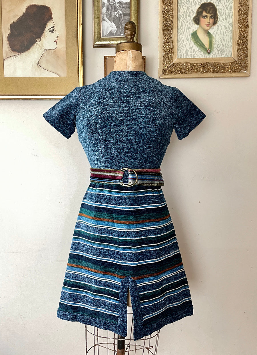 1960's Striped Corduroy Velvet Mini Dress - Size XS/S