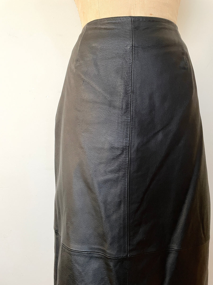Vintage Black Leather Midi Skirt - 31