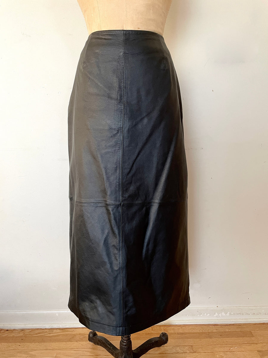 Vintage Black Leather Midi Skirt - 31