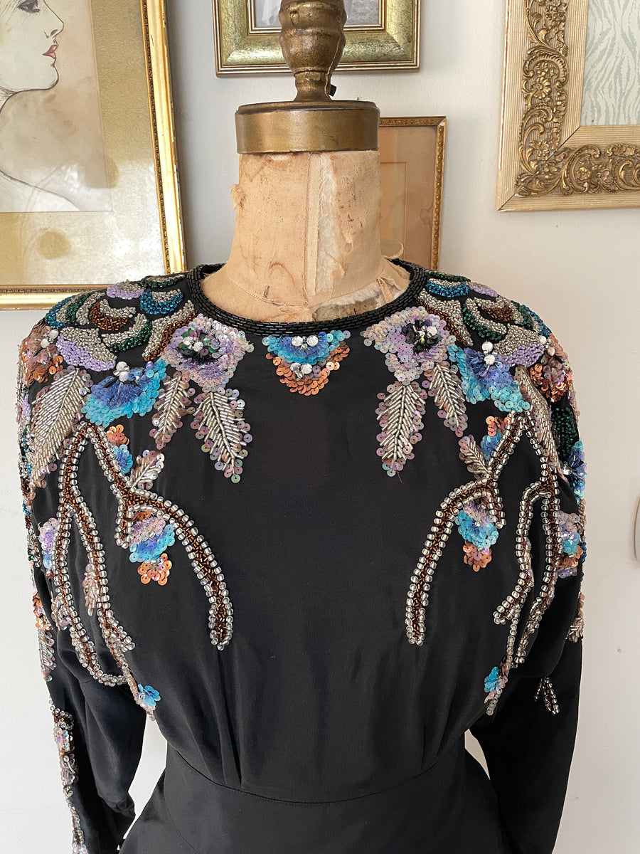80's Beaded Sequin Party Blouse - Size S/M
