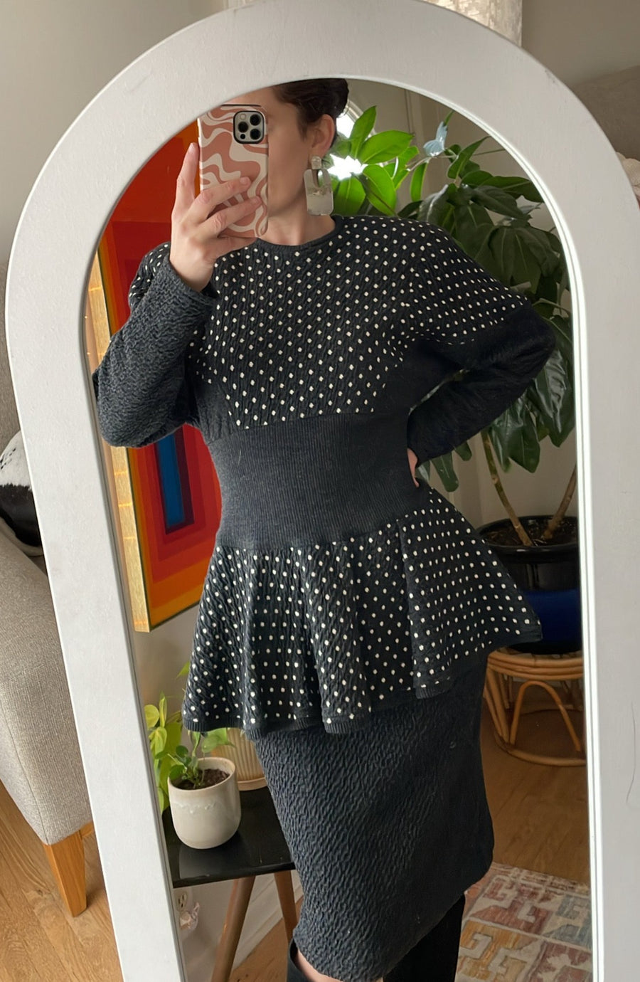80's Gray Polkadot Peplum Dress - Size M