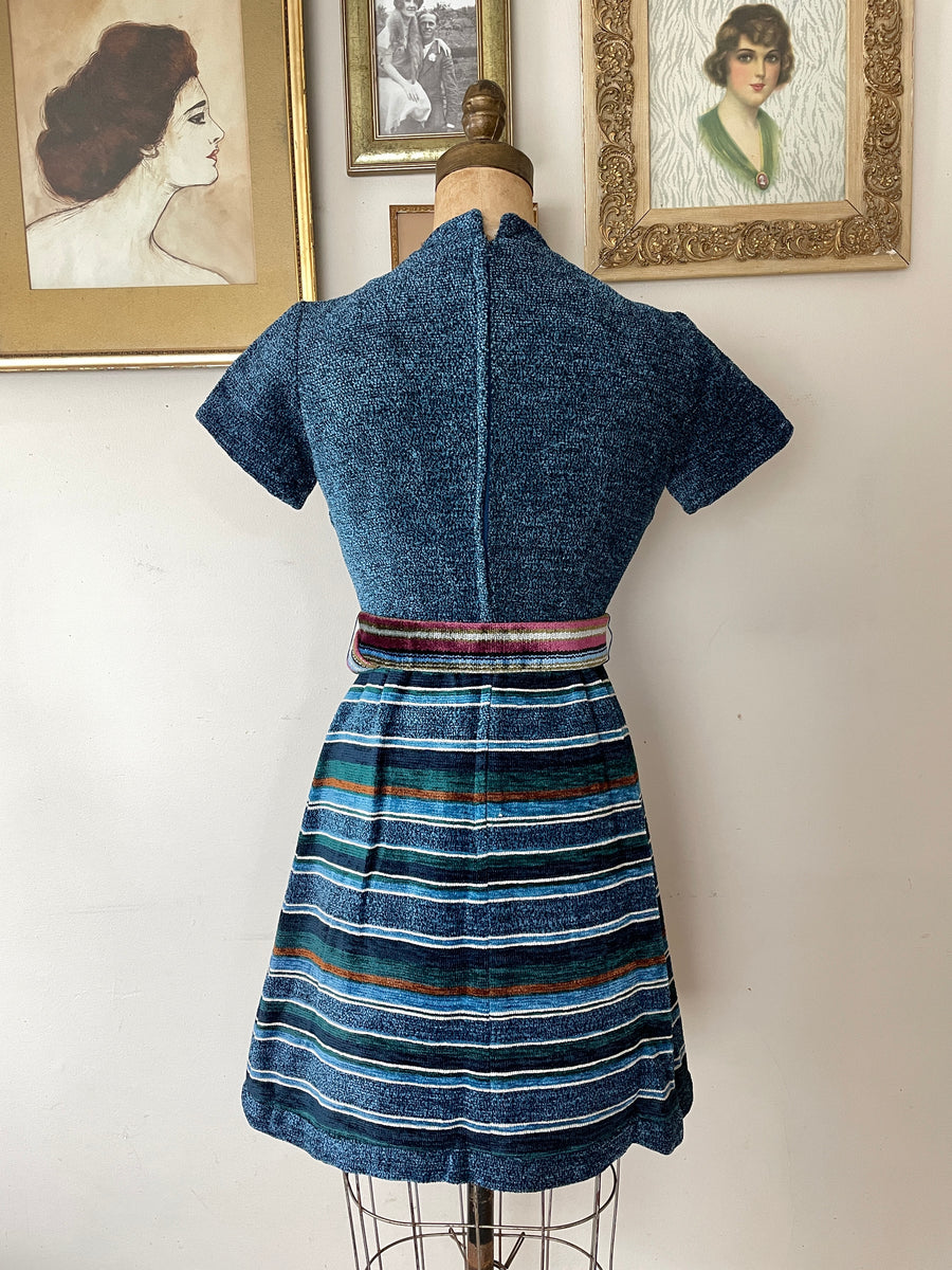1960's Striped Corduroy Velvet Mini Dress - Size XS/S