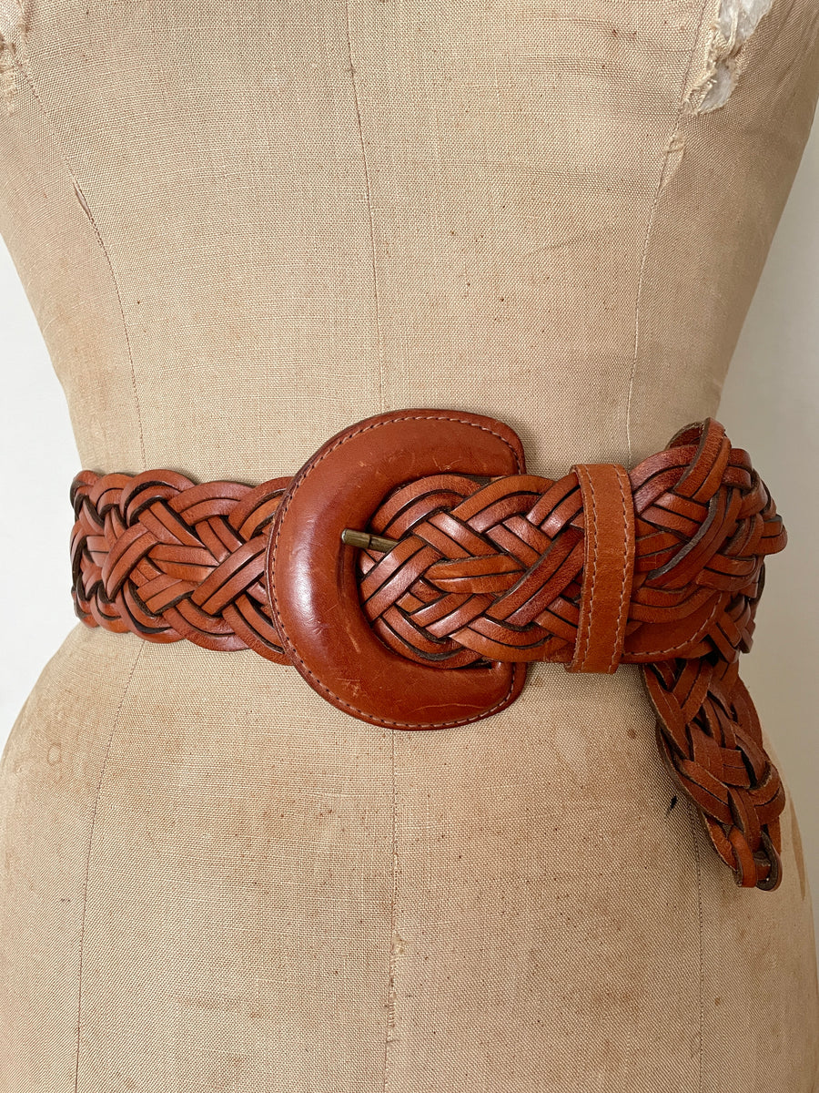 Brown Woven Leather Belt - Adjustable up to 32
