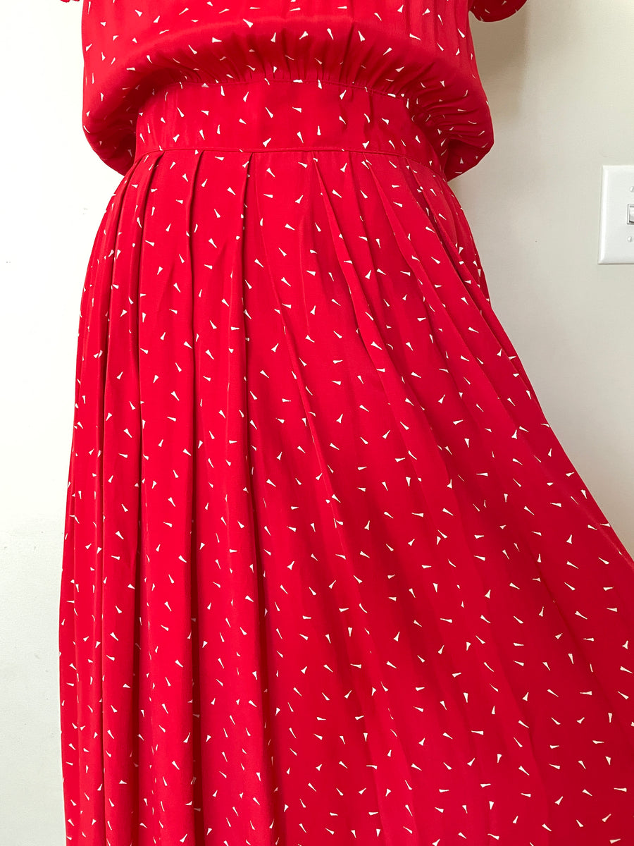 80's Red Rayon Summer Day Dress - Size M