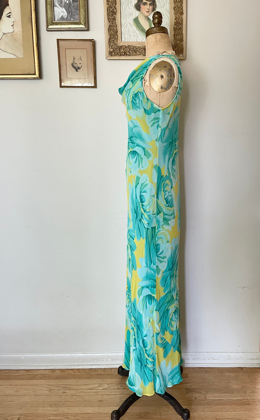 90's Silk Rose Bias Cut Maxi Dress -Size M/L