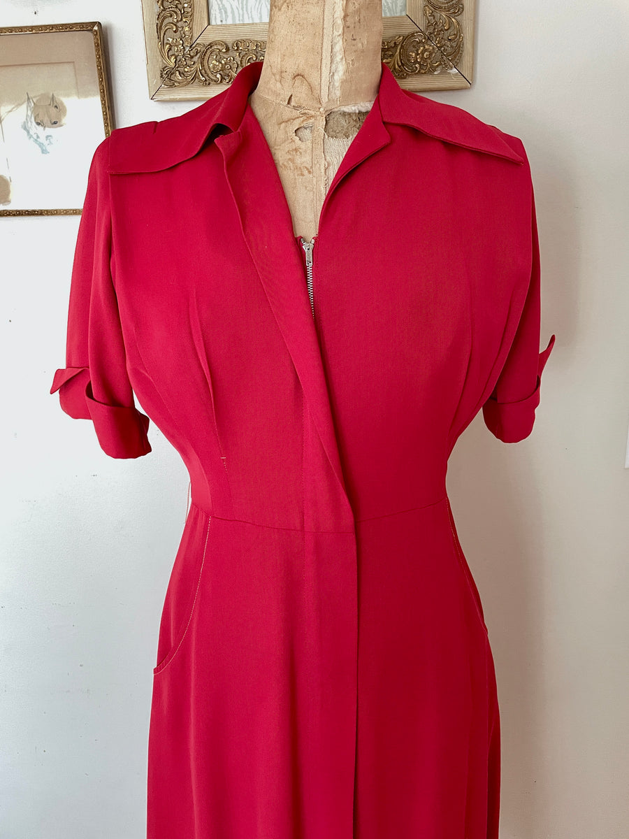 1940's Red Gaberdine Dress - Size S/M