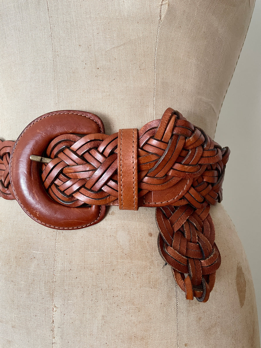 Brown Woven Leather Belt - Adjustable up to 32