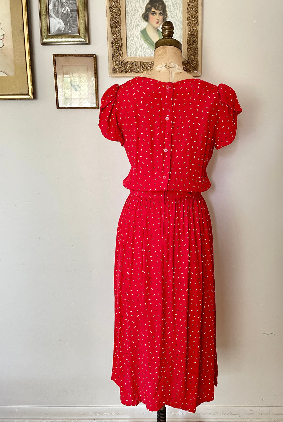 80's Red Rayon Summer Day Dress - Size M