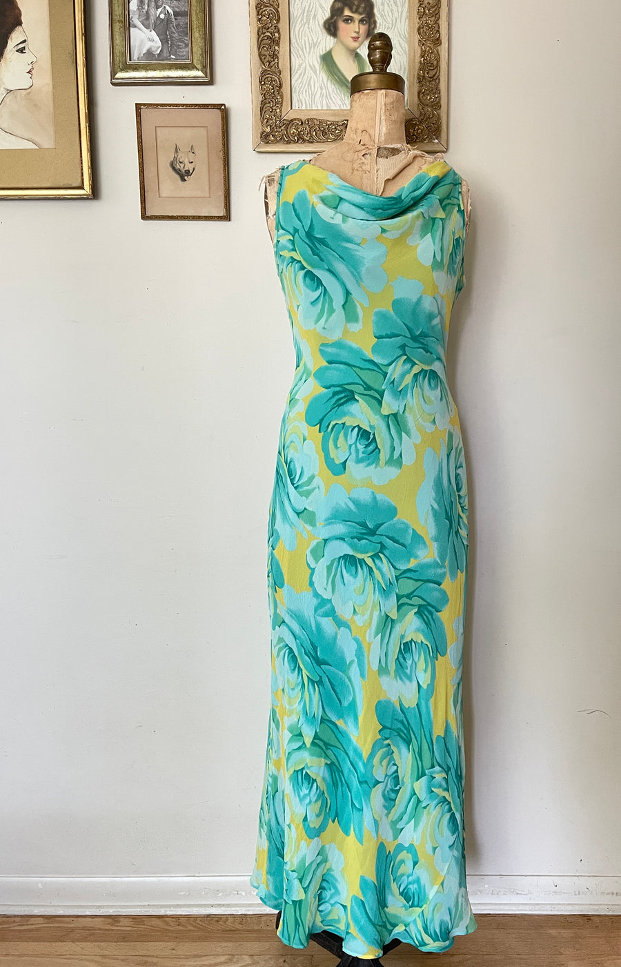 90's Silk Rose Bias Cut Maxi Dress -Size M/L