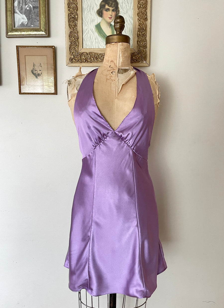 90's Y2K Purple Satin Halter Slip Dress - Size S/M