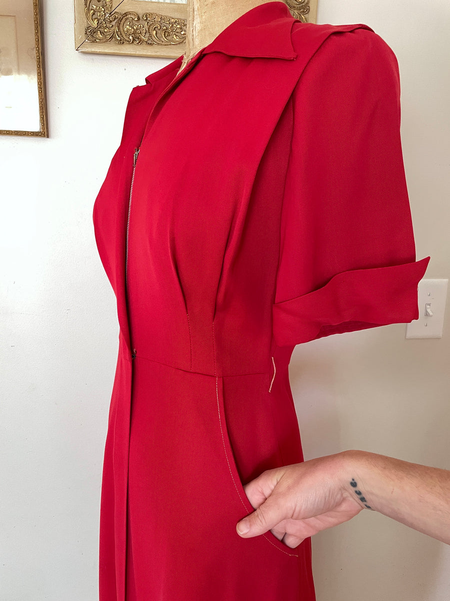 1940's Red Gaberdine Dress - Size S/M