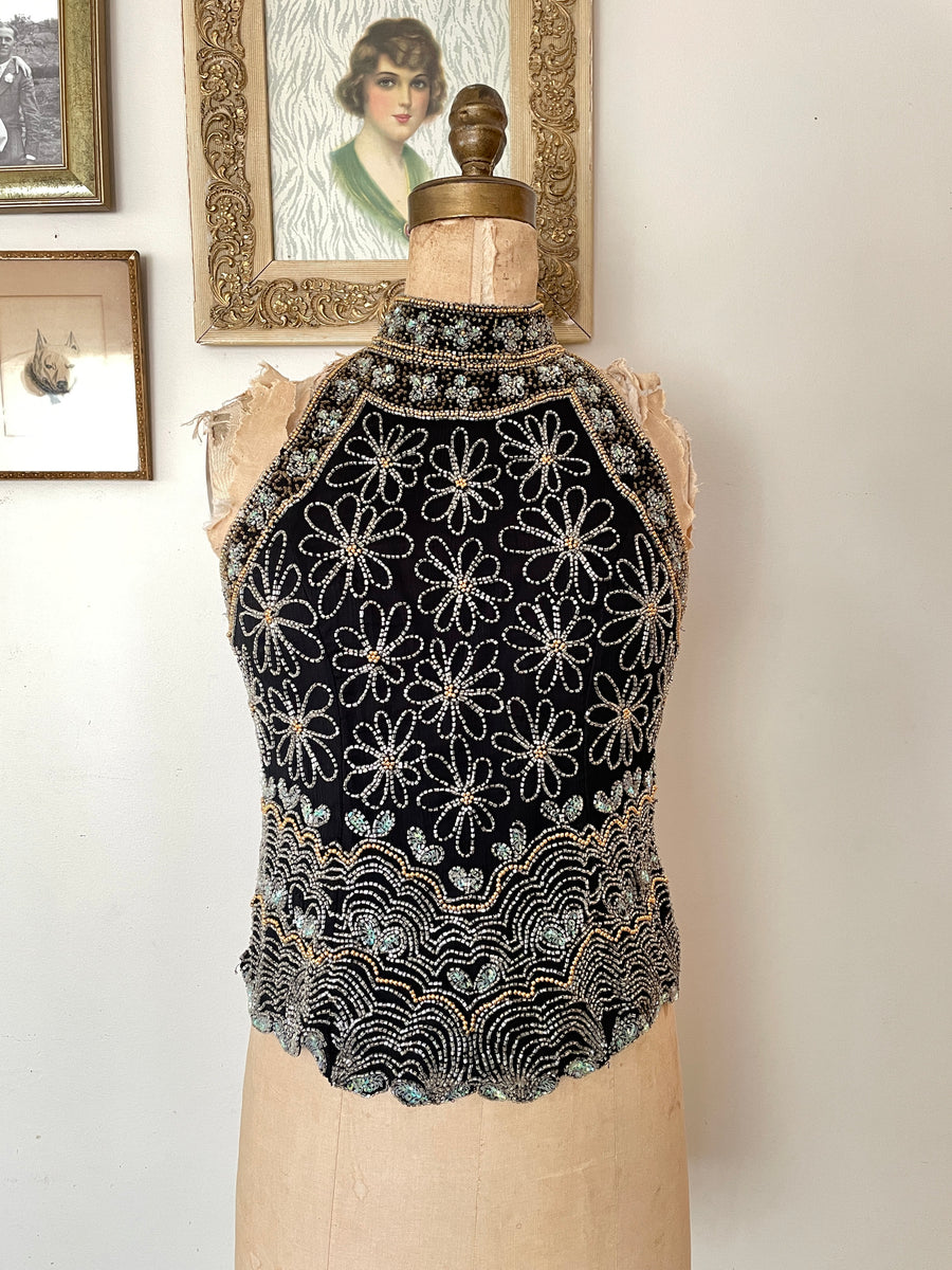 80's Black Beaded Floral Top - Size S