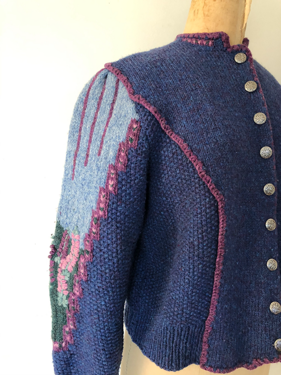 Vintage Embroidered Puff Sleeve Knit Cardigan - Size M/L