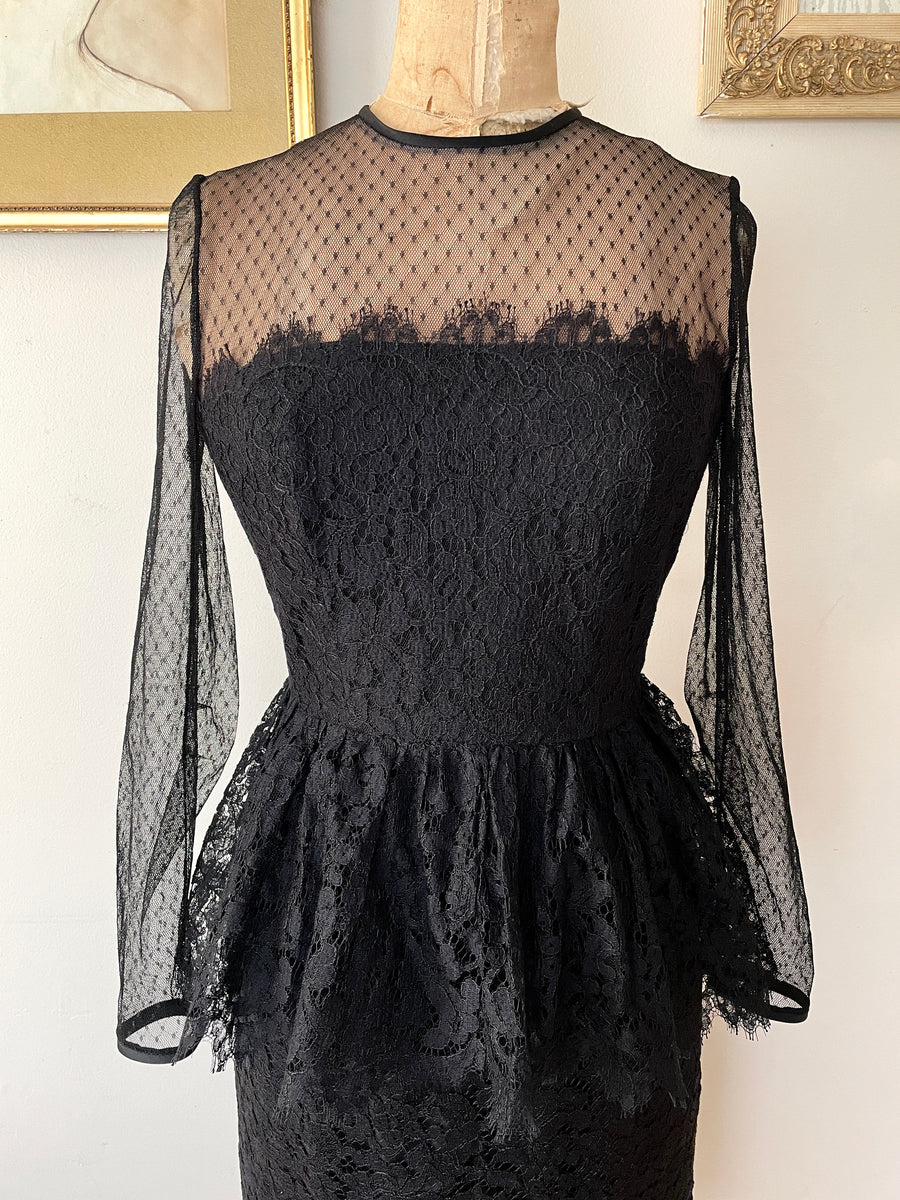 1960's Black Lace Peplum Dress - Lilli Diamond - Size S/M