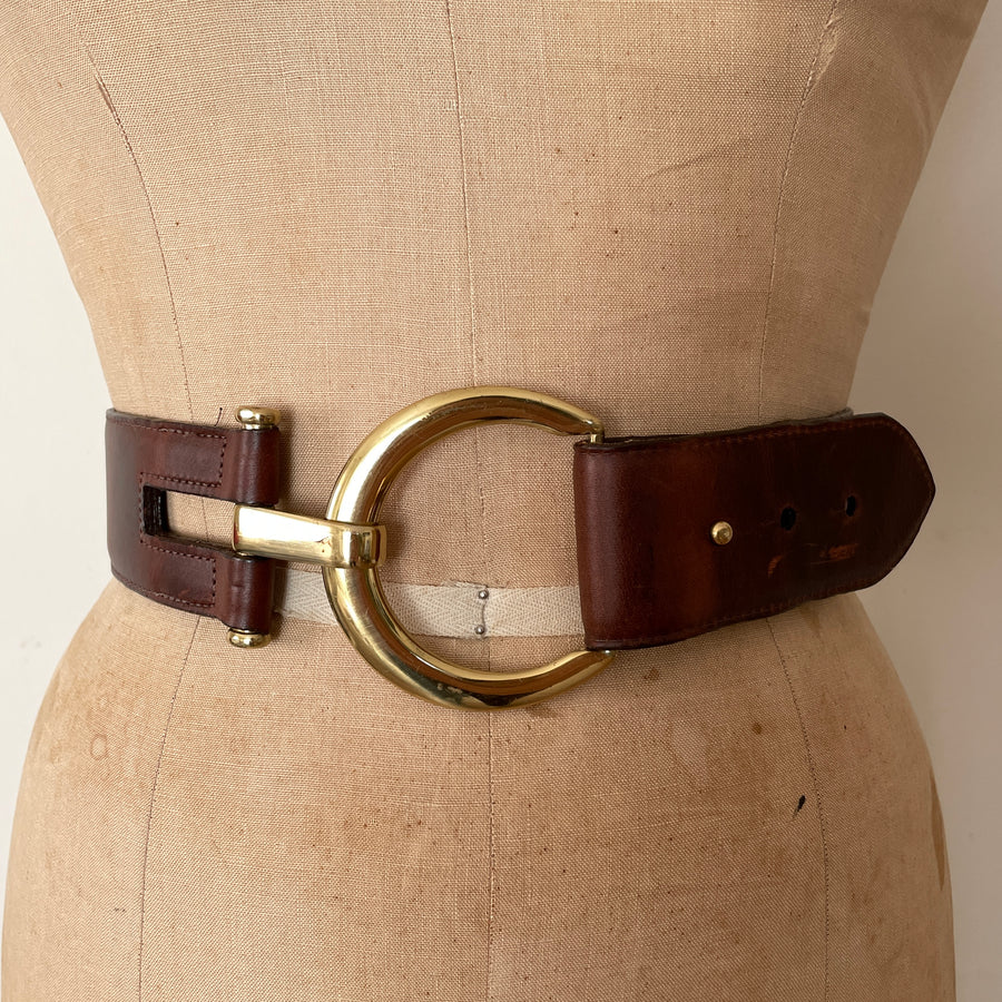 Vintage Brown Leather Belt with Gold Buckle - 36-39