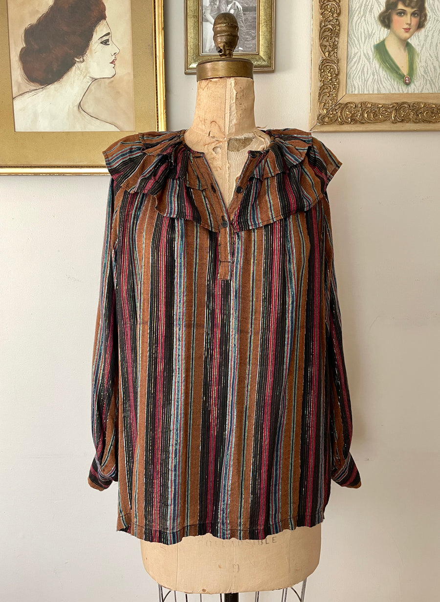 1970's Striped Rainbow Lurex Cotton Blouse - Open fit up to XL
