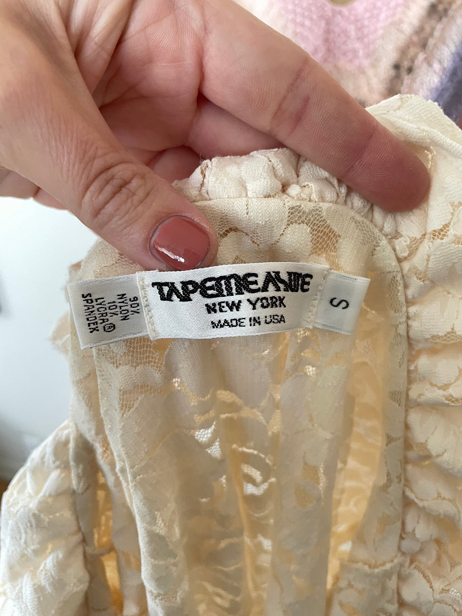 90's Cream Lace Ruffle Bodysuit- - Size S/M