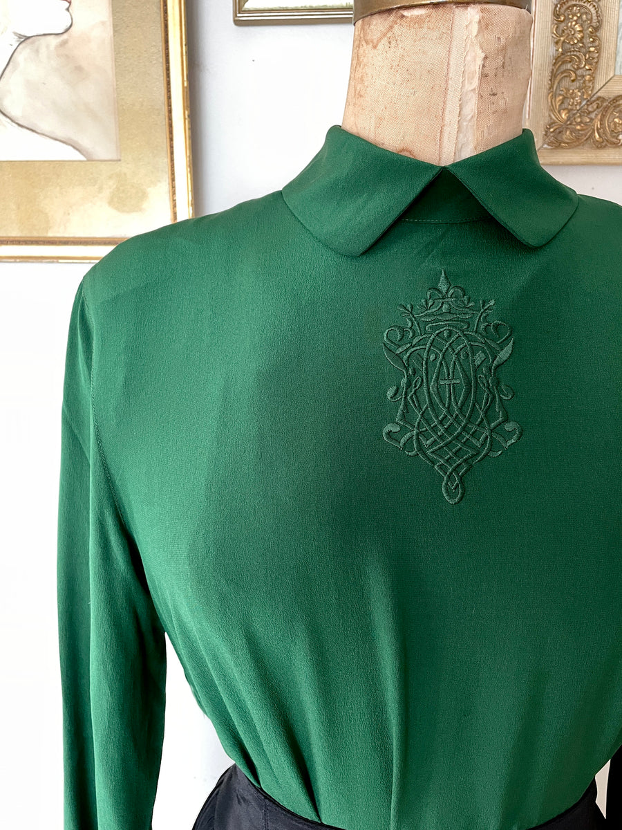 80's Emerald Green Silk Blouse - Size M