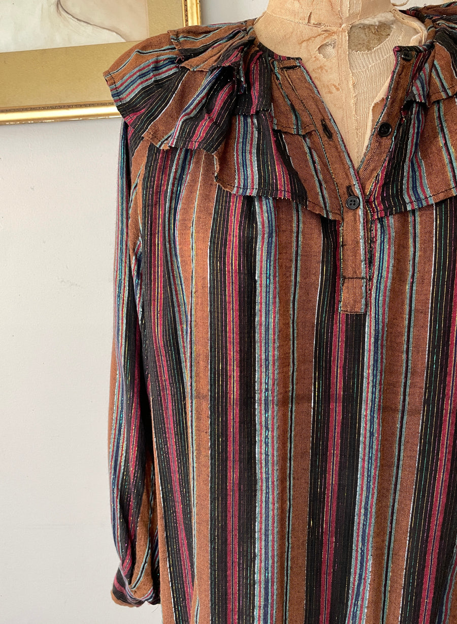 1970's Striped Rainbow Lurex Cotton Blouse - Open fit up to XL