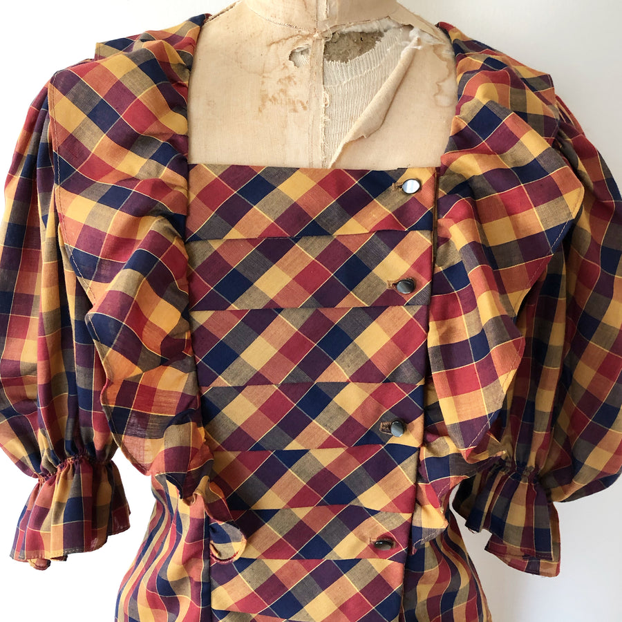 80's Puff Sleeve Plaid Blouse - Size M
