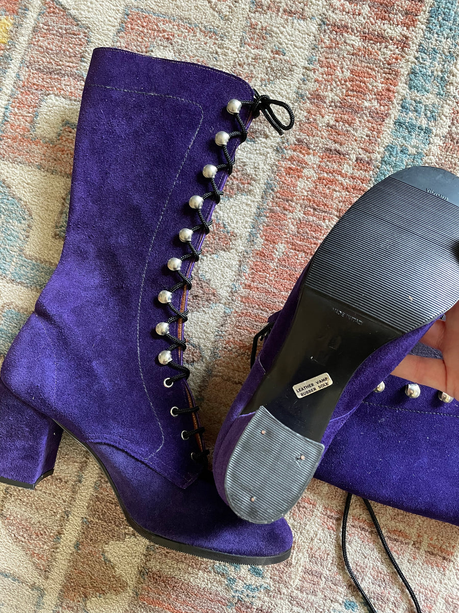 1960's Purple Suede Lace Up Boots - Size 7 1/2