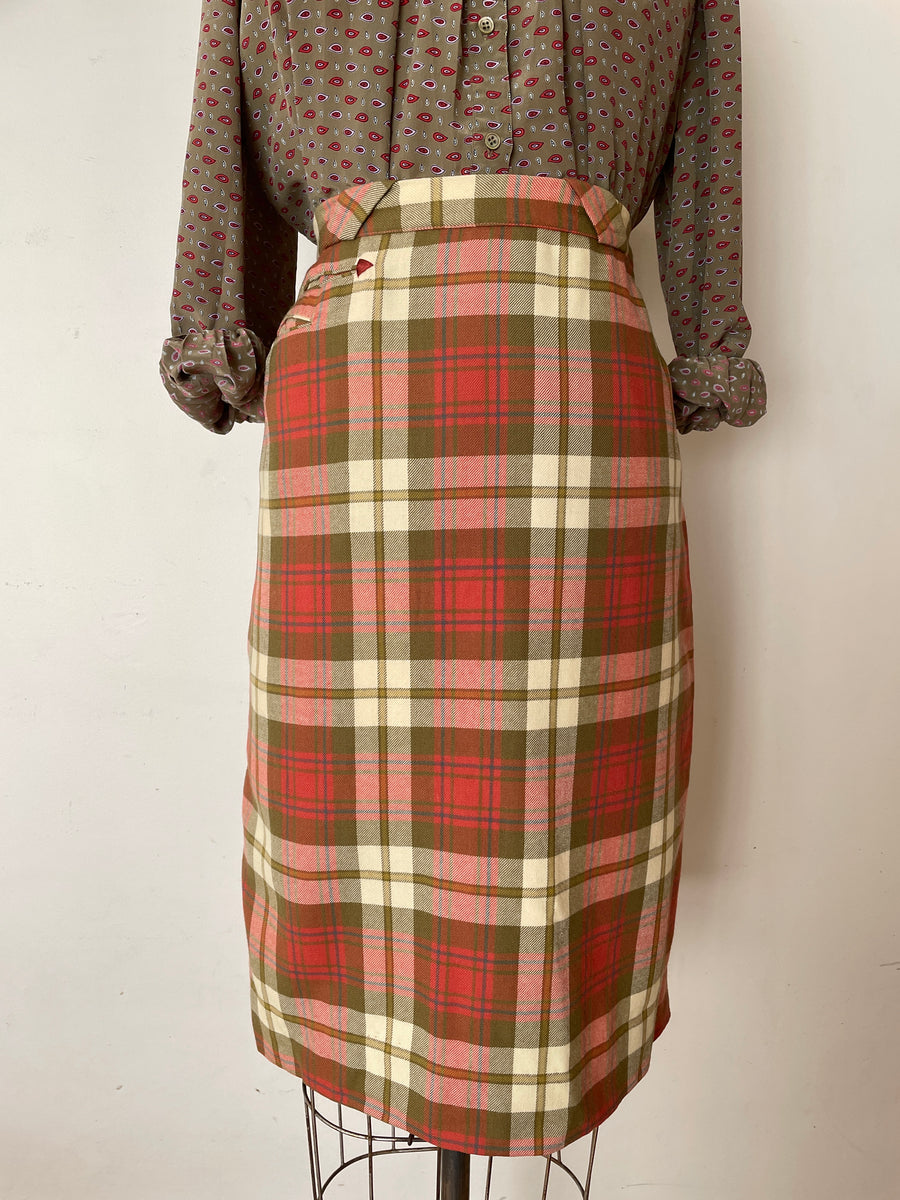 1950's Pink & Green Plaid Pencil Skirt - 27