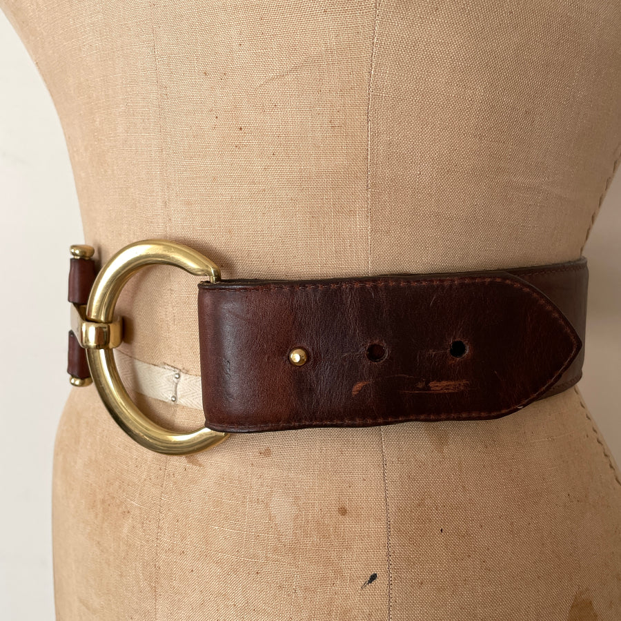 Vintage Brown Leather Belt with Gold Buckle - 36-39
