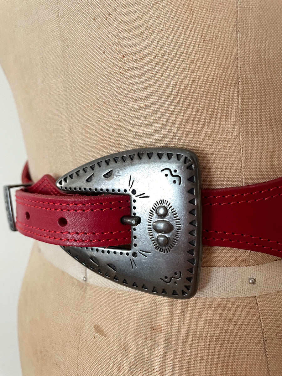 Red Leather Cinch Belt - Waist 25-29