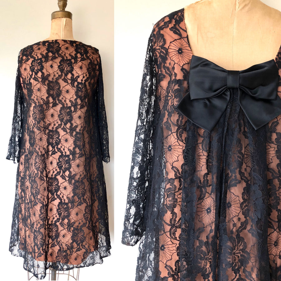 1960's Black Lace Bow Dress - Size M/L