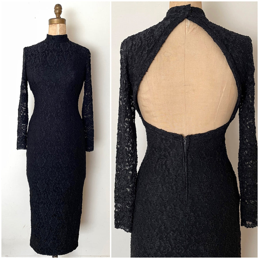 80's Black Lace Open Back Dress - Size Small