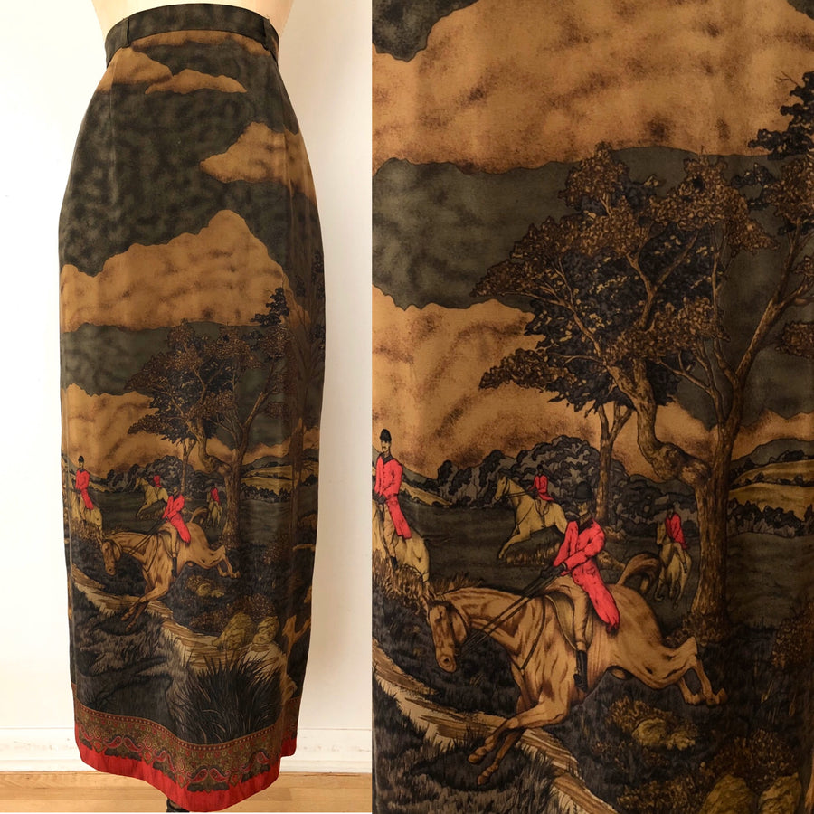 90's Silk Horse Print Skirt - 28