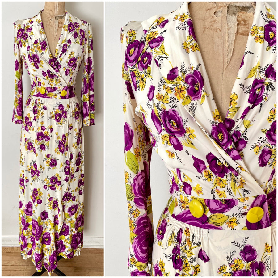 1940's Floral Rayon Jersey Maxi Dress - Size S/M