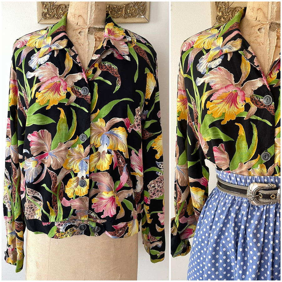 80's does 40's Floral Rayon Blouse - Size M/L
