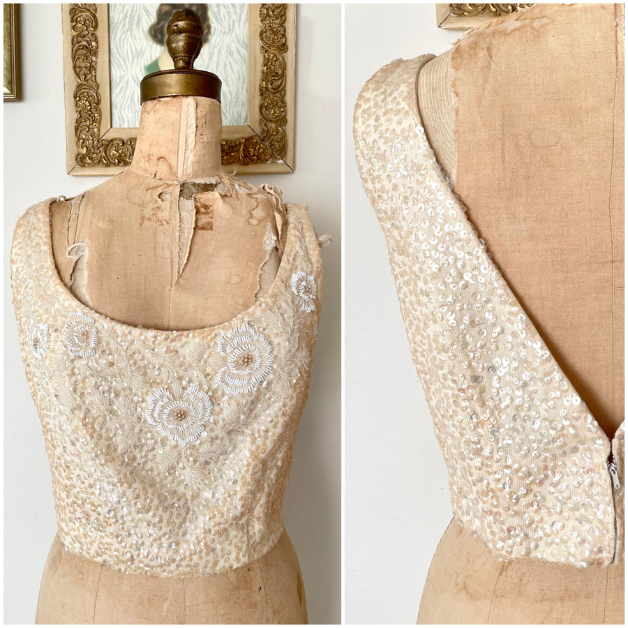 60's Sequin & Beaded Cropped Knit Top - Size M/L