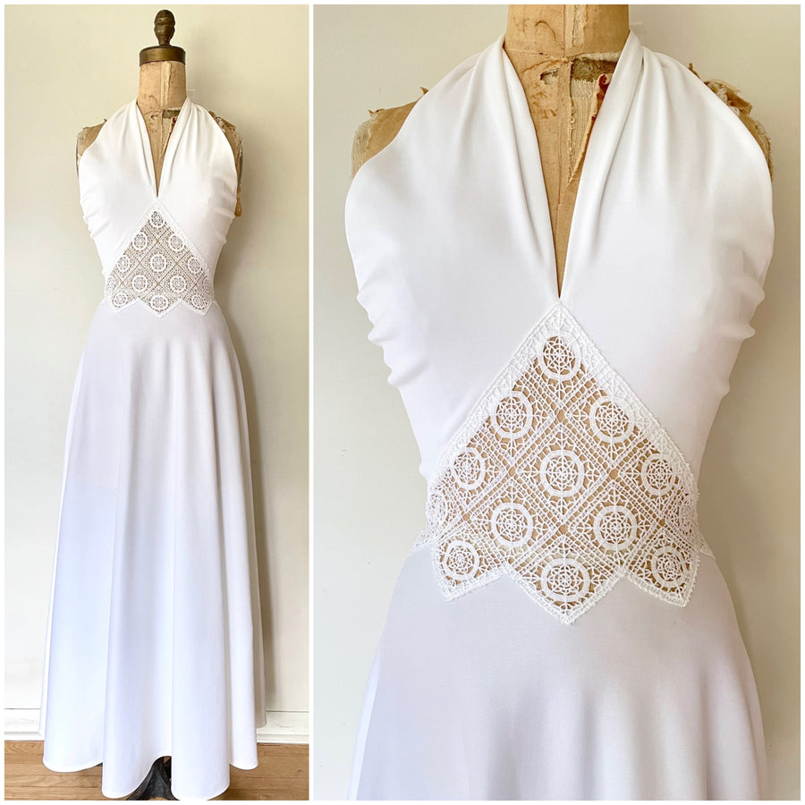 70's White Halter Dress - S/M