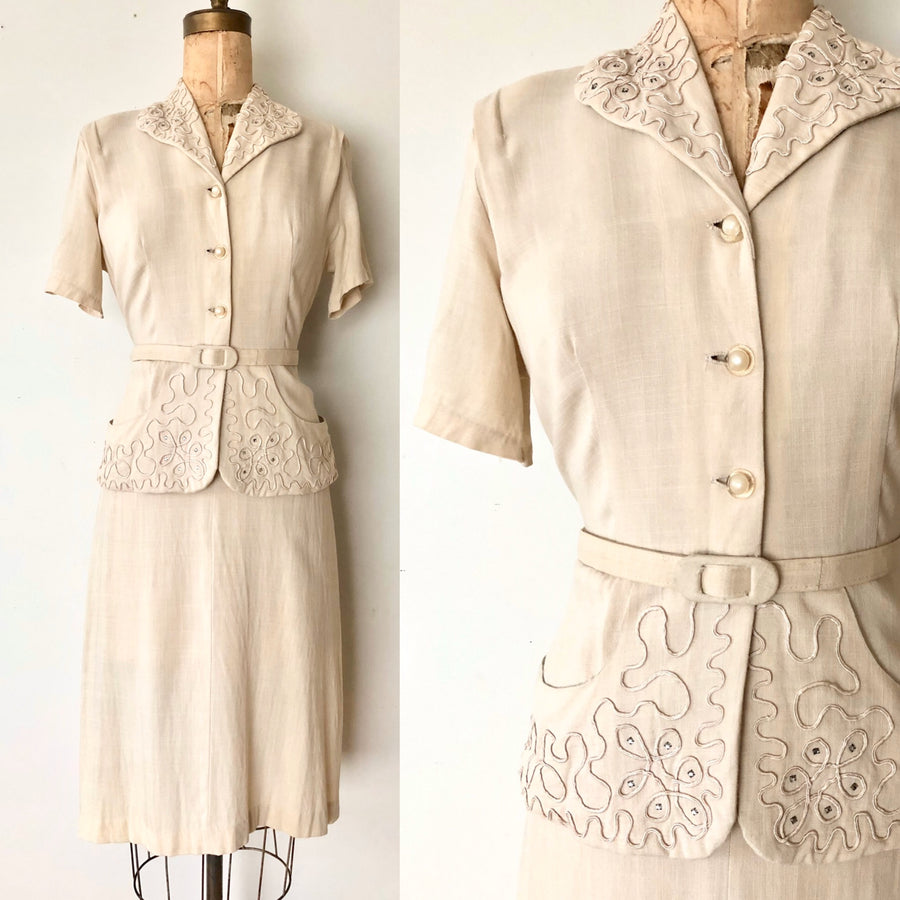 40's 50's Tan Linen Peplum Dress - Size Large