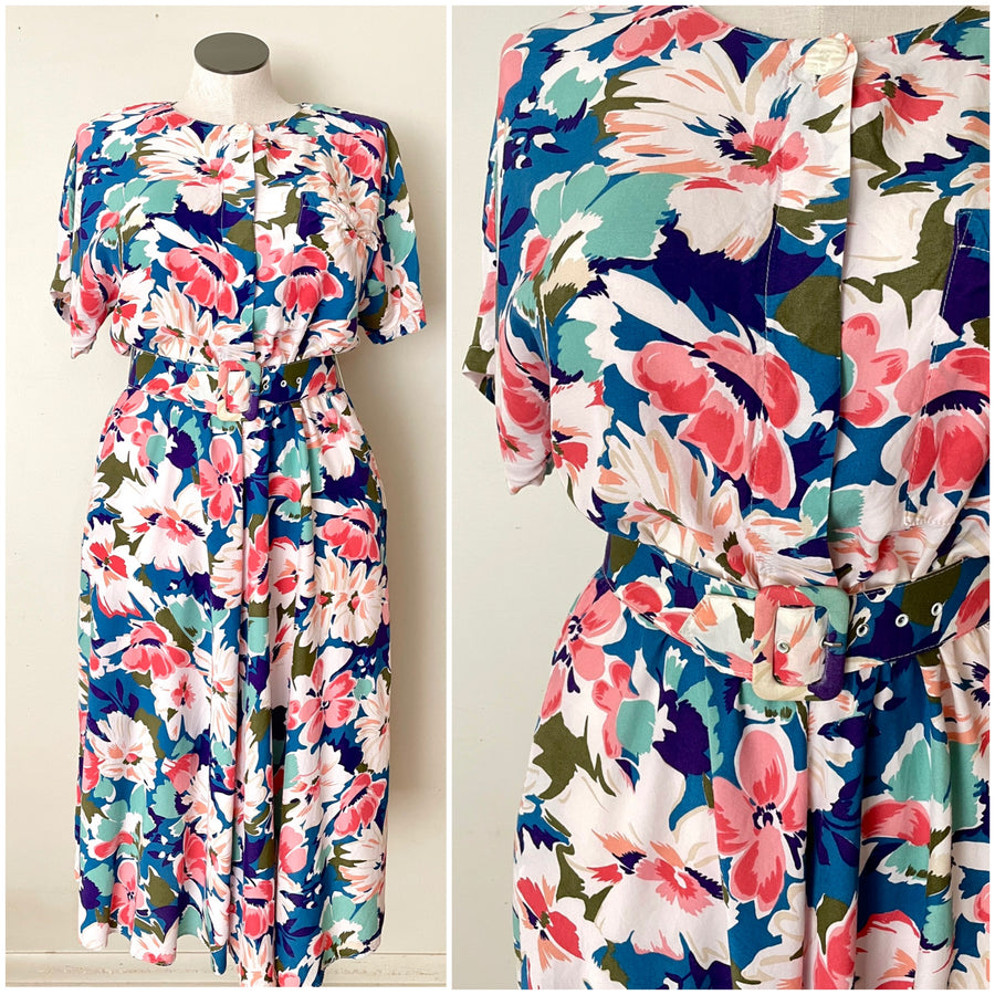 80's Floral Rayon Dress - Size L/XL