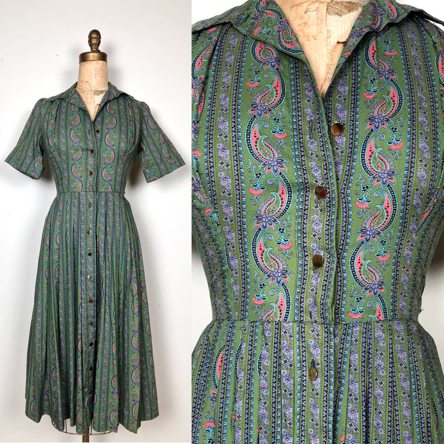 1950's Green Paisley Print Cotton Dress - Size Small
