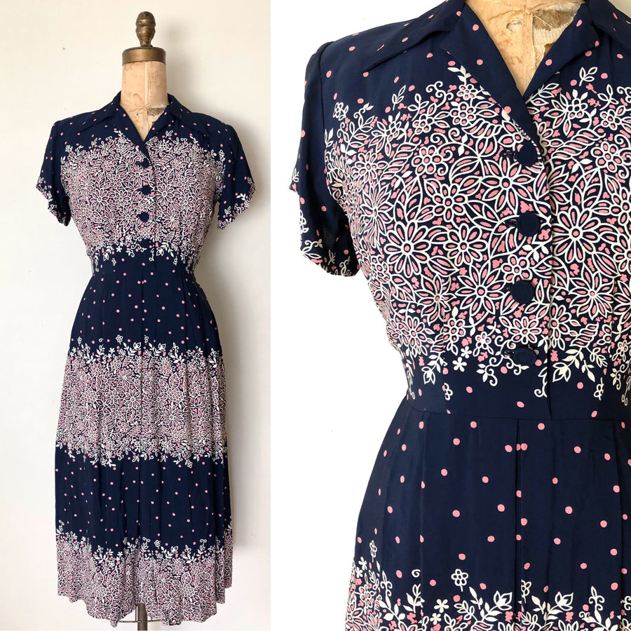 1940's Rayon Floral Dress - 40's Navy & Pink Dress - Size M