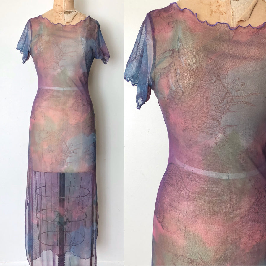 90's Sheer Dragon Print Midi Dress - Size M/L