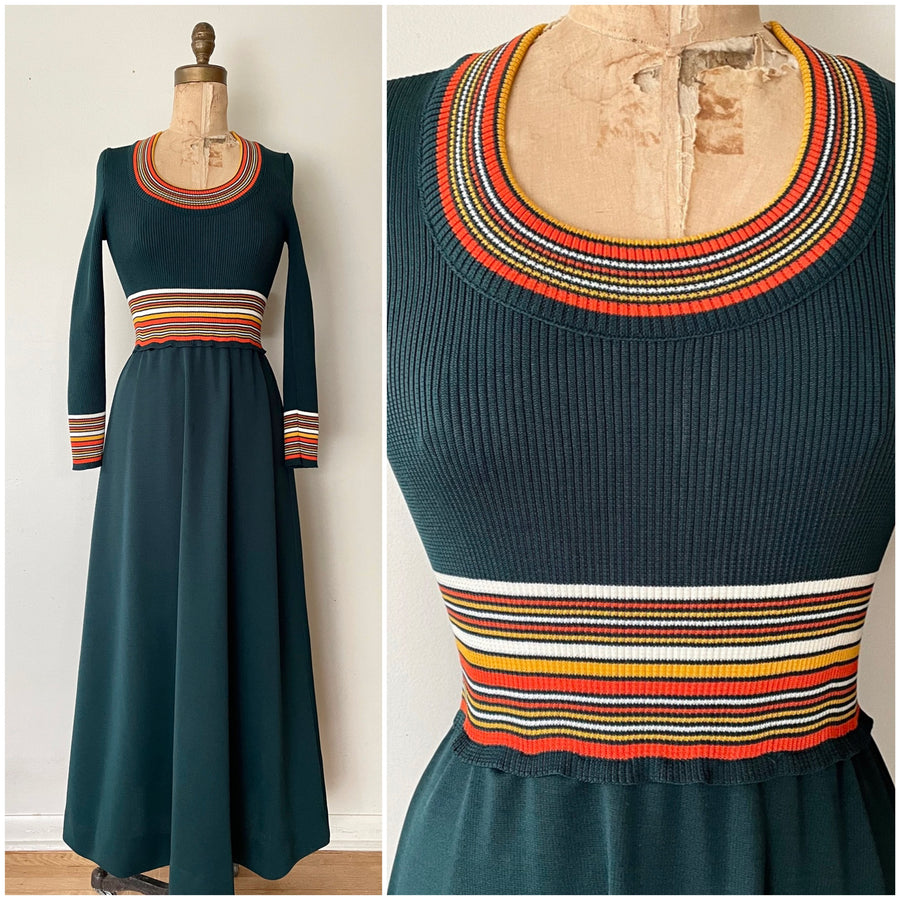1970's Green & Striped Maxi Dress - Size S/M