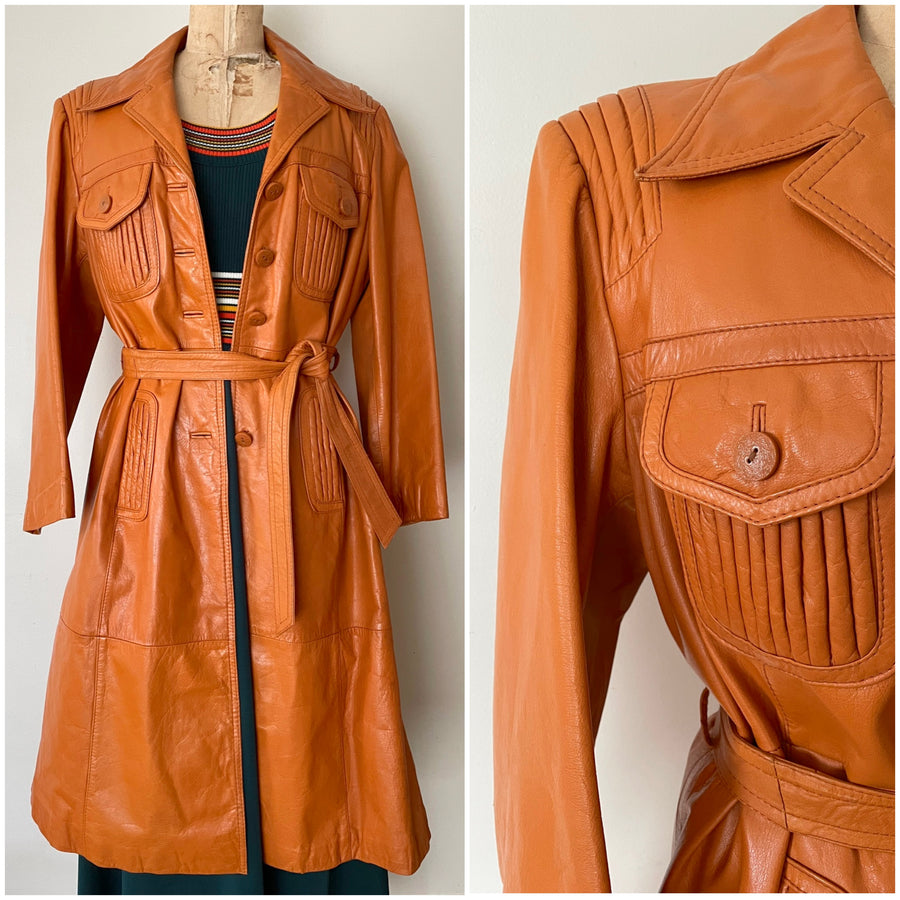 1970's Leather Trench Coat - Size L