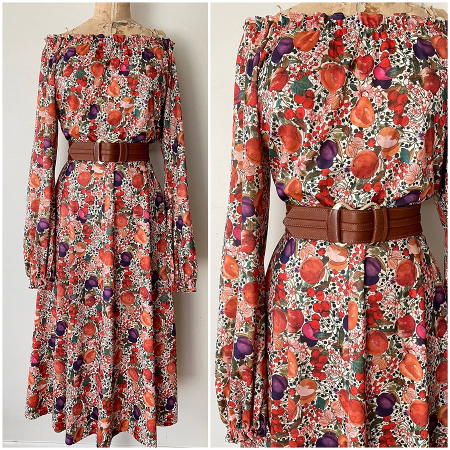 1970's Fall Fruit Print Dress - Size M