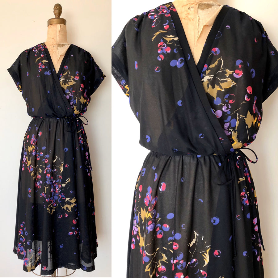 1970's Grape Print Black Dress - Size M